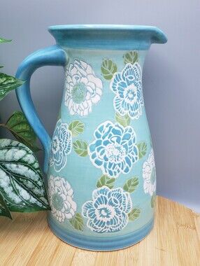 Dutch Wax Anthropology Blue White, Green Handpainted Floral Ceramic Pitcher/Vase